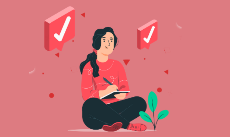Vector Illustration of a female student writing on the book