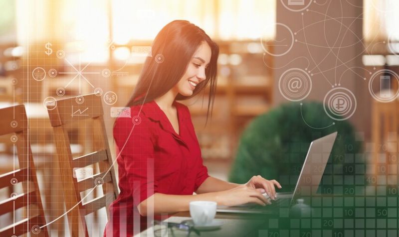 Woman using a computer to document management concept 