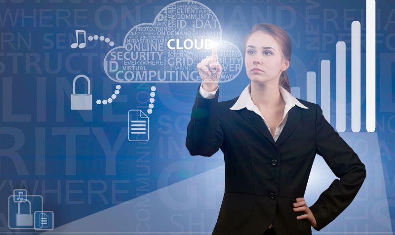 Business woman using virtual cloud computing network and icon connection data information. 