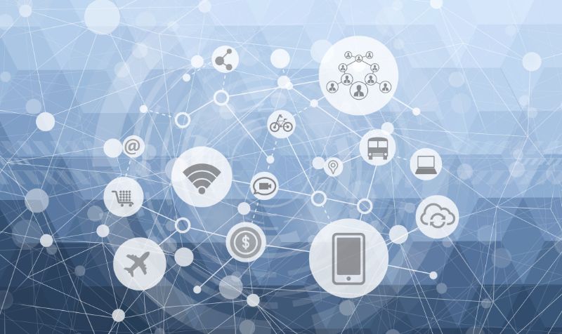 Internet of things (IOT) concept. symbol connected with icons of typical IoT. Intelligent pc, car, syc, cloud, smartphone, machine. Smart digital concept. 