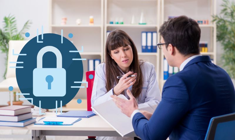 Two office woman work together, sign contract and looking at tablet. Glowing padlock icon with circuit hud. Cybersecurity and data protection. Concept of privacy 